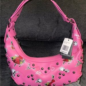 NWT Ed Hardy Pink Women's Shoulder Bag W/ Metal Charms